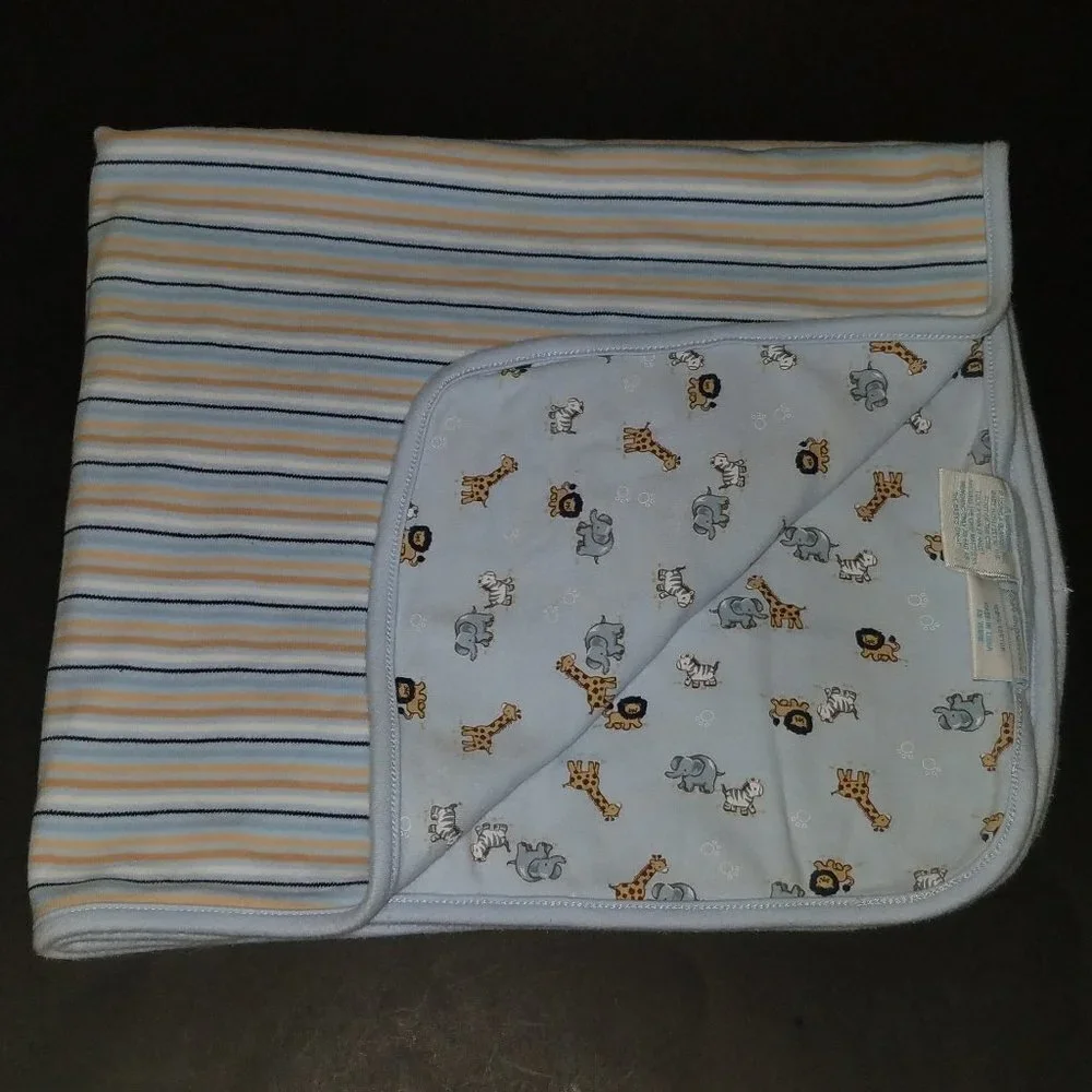 First Impressions Blue Baby Blanket Lovey Striped Giraffe Lion Elephant Animals